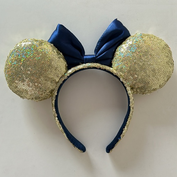 Disney Yellow Sequin Minnie Mouse Ears With Blue Satin Bow - Picture 3 of 5